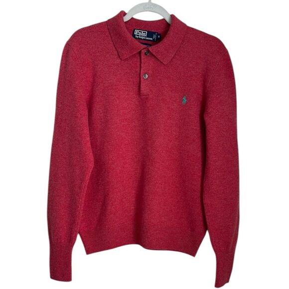 Vintage POLO RALPH LAUREN Pony Lambswool Collared Sweater 90s Raspberry Red M - Picture 1 of 9